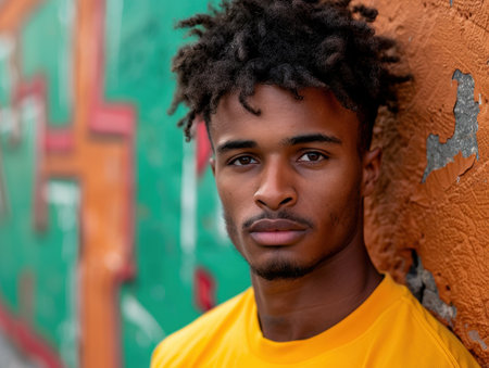 young man with curly hair in front of colorful wallの素材