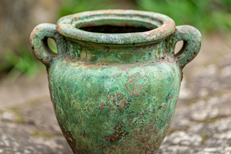 Antique ceramic vase with weathered green patinaの素材