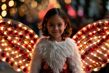 young girl in festive costume with angel wingsの素材
