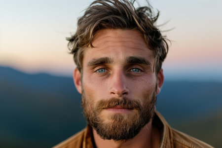 Rugged outdoor portrait of a handsome man with a beardの素材