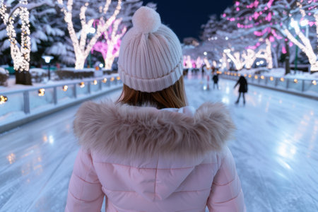 person in winter coat and hat walking on snowy path with lightsの素材