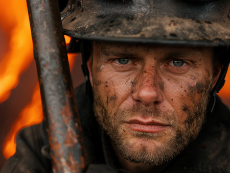 Rugged soldier with intense gazeの素材