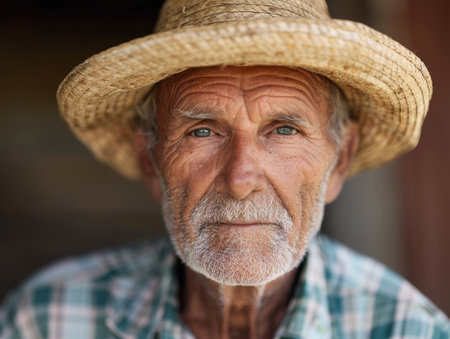 Weathered face of senior man wearing straw hatの素材