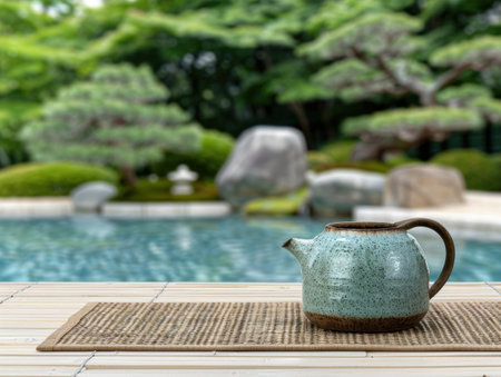 tranquil japanese garden with teapotの素材