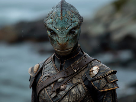 Mysterious reptilian warrior in armorの素材