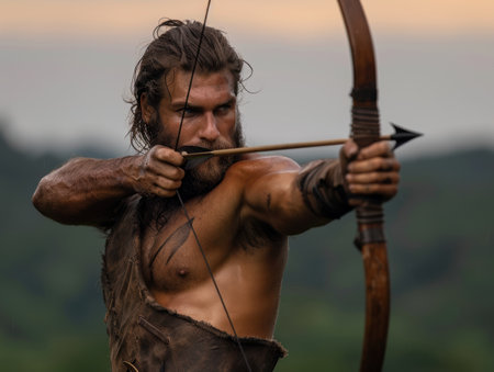 Rugged warrior with bow and arrow in natureの素材