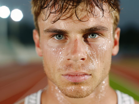 close-up portrait of a sweaty man with intense expressionの素材