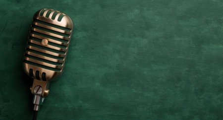 vintage microphone on chalkboard backgroundの素材