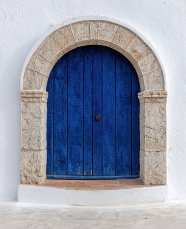 Ornate blue wooden door with stone archwayの素材