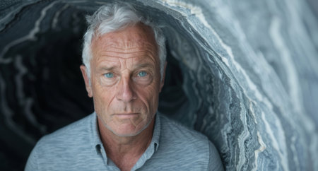 Pensive elderly man with piercing blue eyesの素材