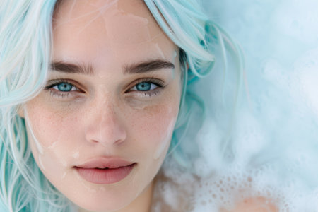 Captivating portrait of a woman with vibrant blue eyes and dazzling turquoise hairの素材