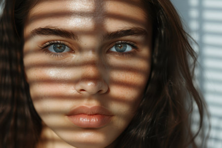 intense gaze of a woman with striking blue eyesの素材