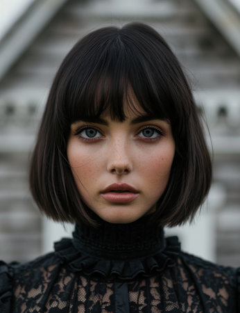 Mysterious woman with dark hair and piercing eyesの素材