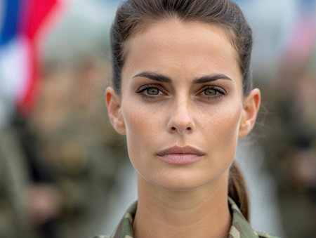 Determined military woman with intense gazeの素材
