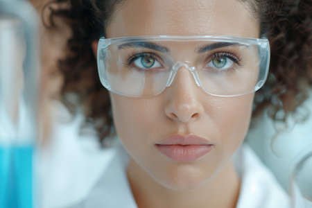 close-up of a woman wearing protective eyewearの素材