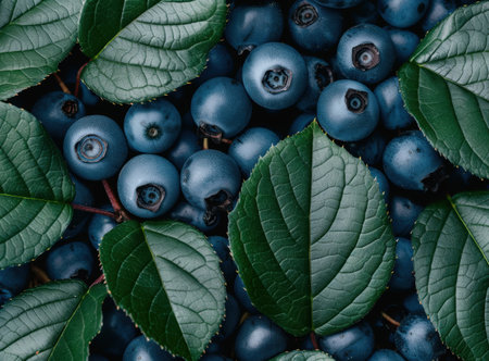 fresh blueberries with green leavesの素材