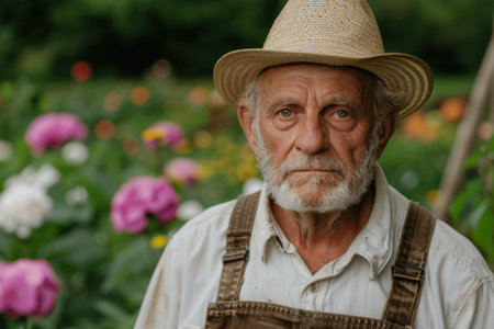 Weathered senior man in gardening attireの素材