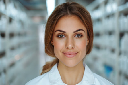 Confident and professional woman in white lab coatの素材