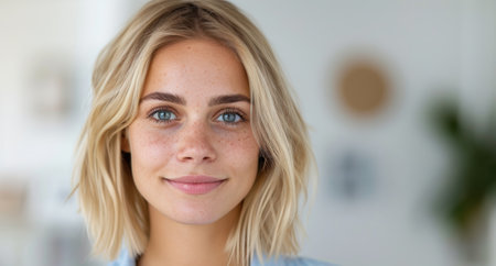 Smiling woman with blonde hair and blue eyesの素材
