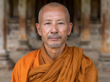 buddhist monk in orange robe with serious expressionの素材
