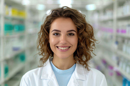 Smiling female medical professional in lab coatの素材