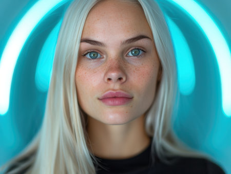 Striking blue-eyed woman with blonde hairの素材