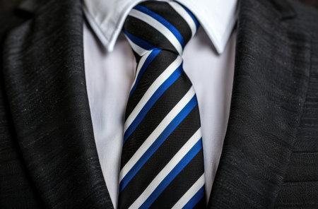 close-up of a striped tie on a suit jacketの素材