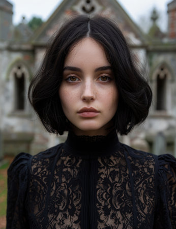 Mysterious woman with dark hair in gothic lace dressの素材