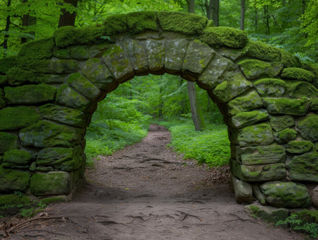 Enchanting moss-covered archway in lush forestの素材