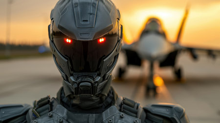 futuristic robot soldier with glowing red eyesの素材