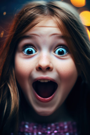 surprised young girl with wide open eyes and mouthの素材