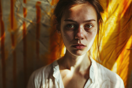 Thoughtful young woman with intense gazeの素材