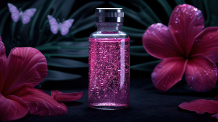 Sparkling pink perfume bottle with tropical flowersの素材