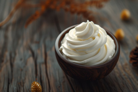 Creamy white whipped cream topping in a dark cupの素材