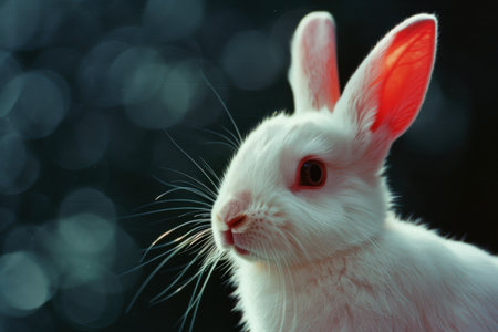 Closeup of a fluffy white rabbit with red eyesの素材
