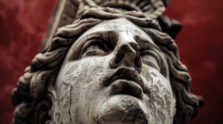 Weathered stone sculpture of a faceの素材