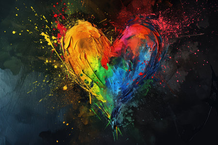 Vibrant abstract heart painting with colorful splashesの素材