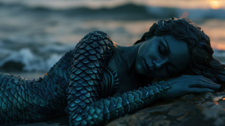 Mystical mermaid resting on the shore at sunsetの素材