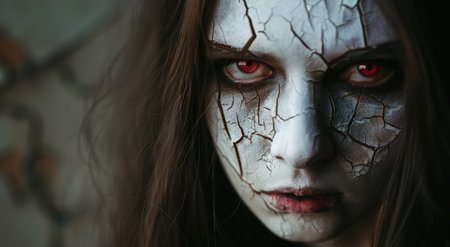 Creepy doll with cracked face and glowing red eyesの素材