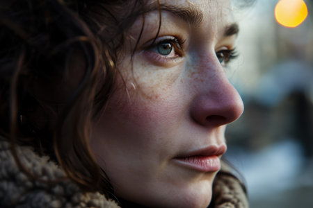 Pensive young woman with striking blue eyesの素材