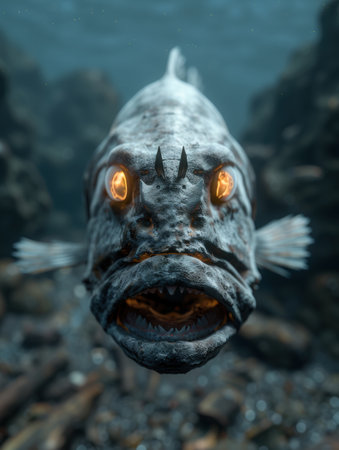 Menacing deep sea fish with glowing eyes and sharp teethの素材