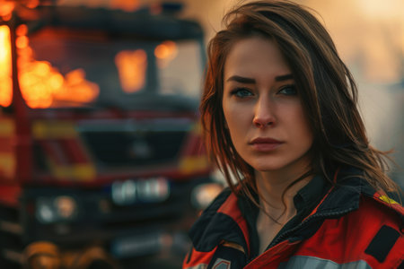 Thoughtful woman in red jacketの素材