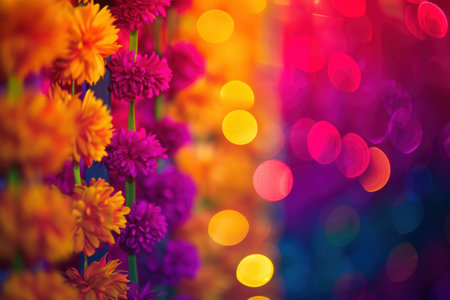Vibrant floral bouquet with colorful bokeh backgroundの素材
