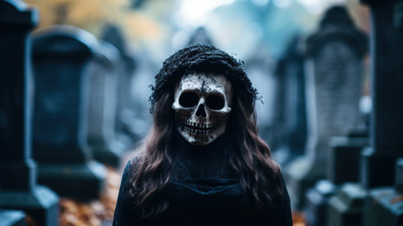 Creepy hooded figure with skull faceの素材