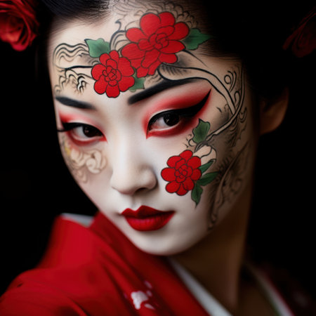 striking portrait of woman with floral face paintの素材