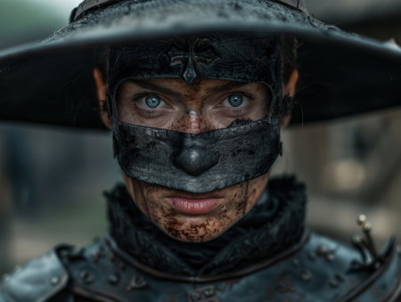 Intense gaze of a rugged soldier in camouflageの素材