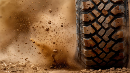 Tire tread kicking up dust and debrisの素材