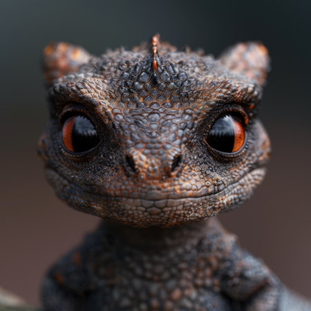 Close-up of a reptilian creature with intricate scales and striking eyesの素材