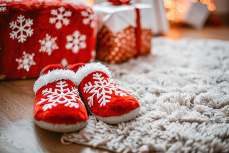 cozy winter scene with festive socks and giftsの素材
