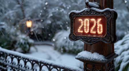 Snowy winter scene with illuminated 2020 signの素材